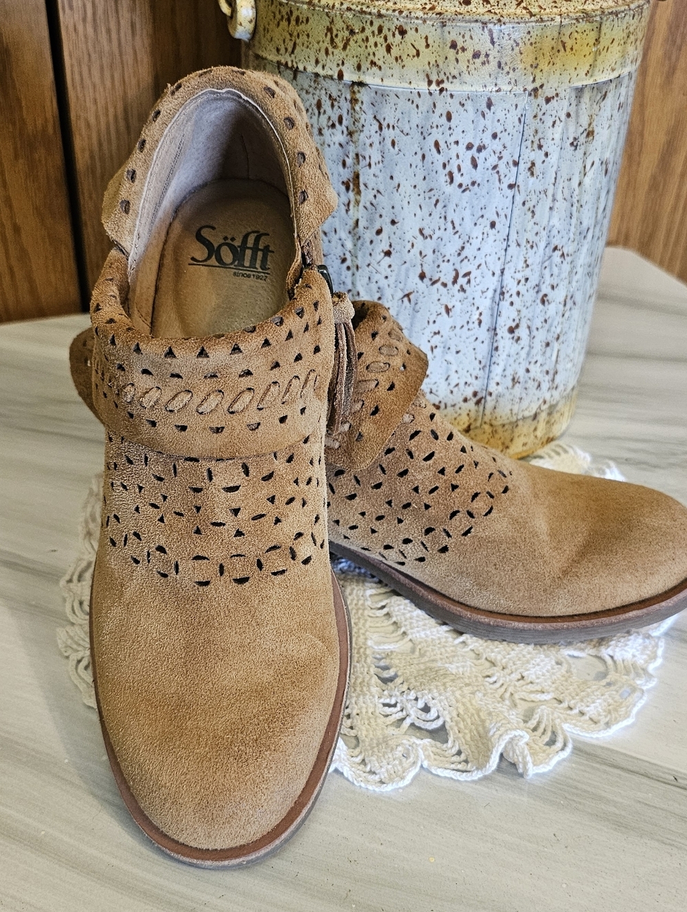 Sofft Tan Suede Perforated Fold-Over Ankle Booties
